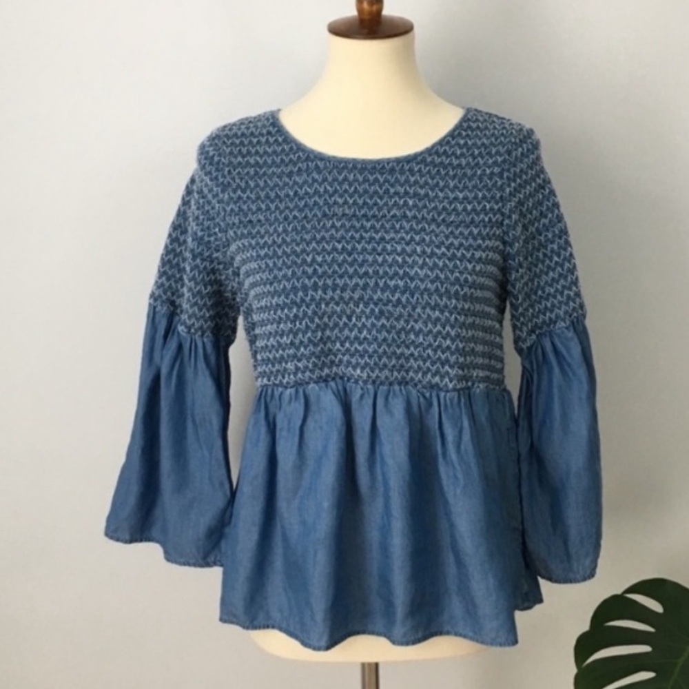 Crown & Ivy | Blue Denim 100% Tencel Smocked Round Neck Pullover Top M